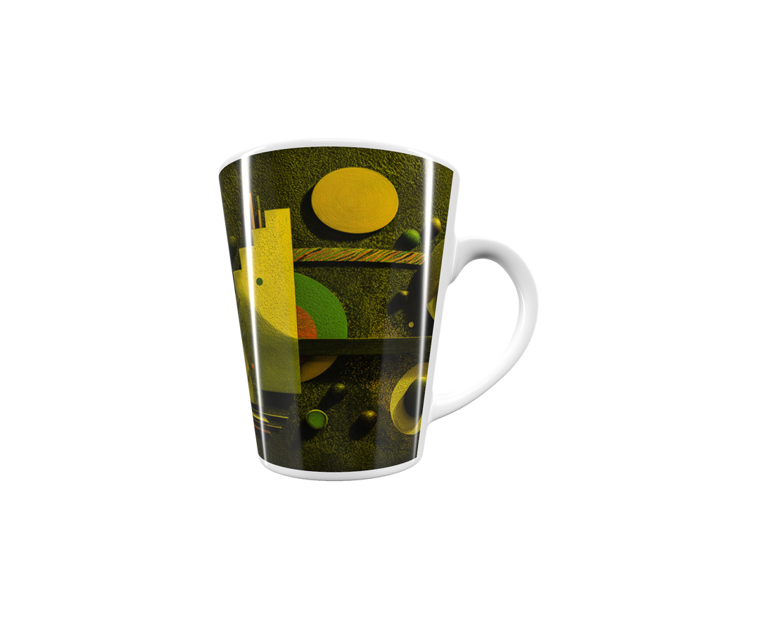 „Latte-Tasse konisch mit abstraktem geometrischem Bauhaus-Motiv in Gelb, Grün und Orange inspiriert von Kandinsky“