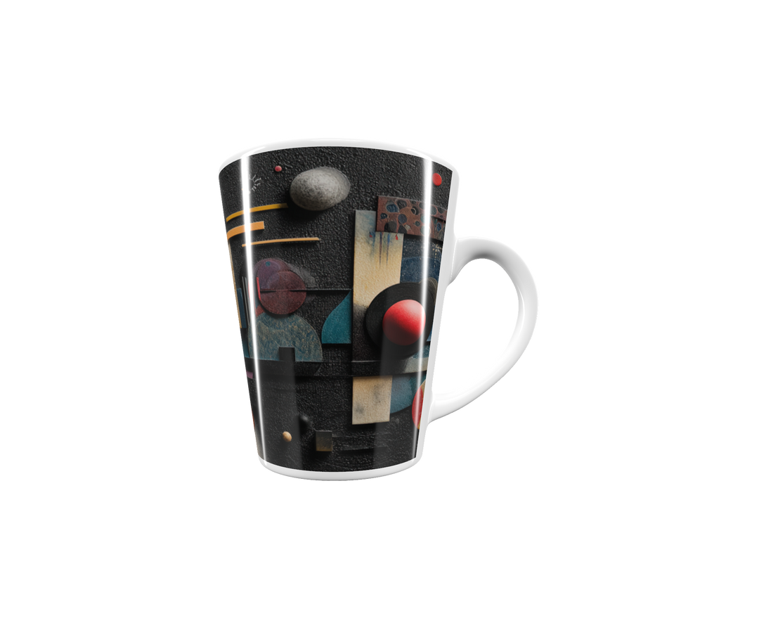 „Latte-Tasse konisch mit abstraktem Bauhaus-Motiv in Gelb, Rot, Blau und Schwarz inspiriert von Kandinsky“