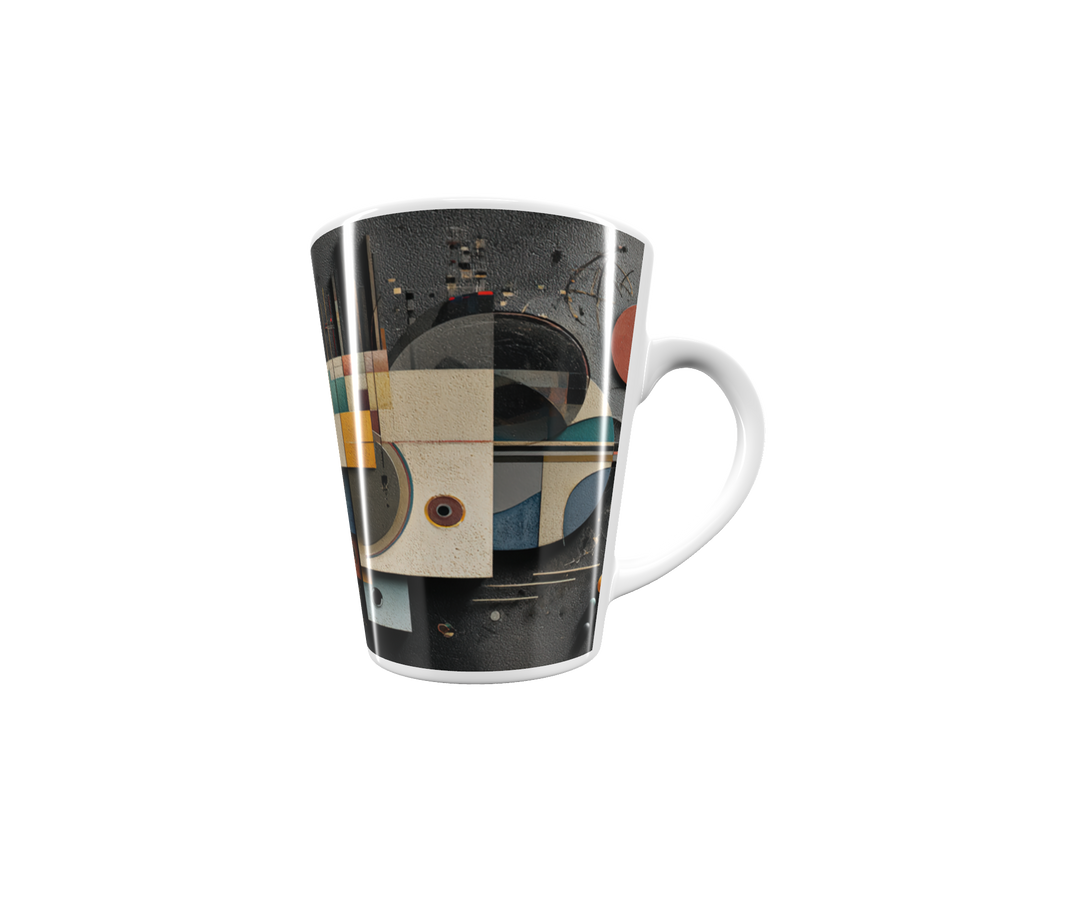 „Latte-Tasse konisch mit abstraktem kosmischem Bauhaus-Motiv in Rot, Gelb, Blau und Gold inspiriert von Kandinsky“