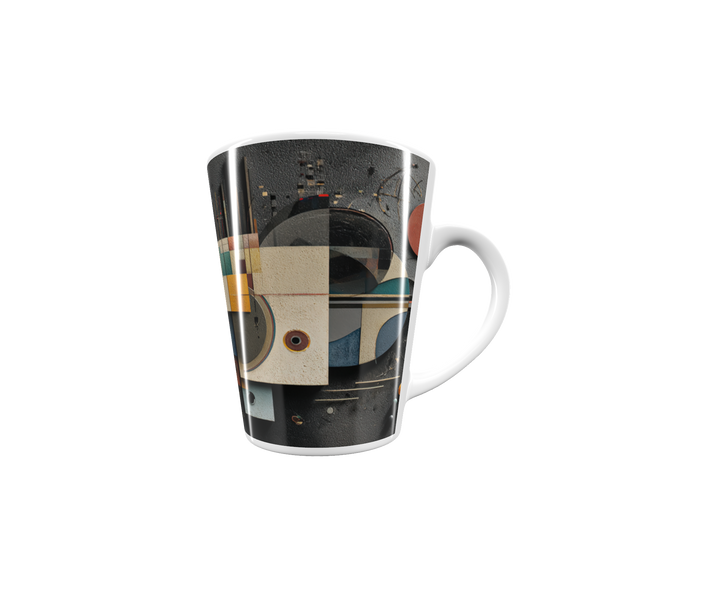 „Latte-Tasse konisch mit abstraktem kosmischem Bauhaus-Motiv in Rot, Gelb, Blau und Gold inspiriert von Kandinsky“