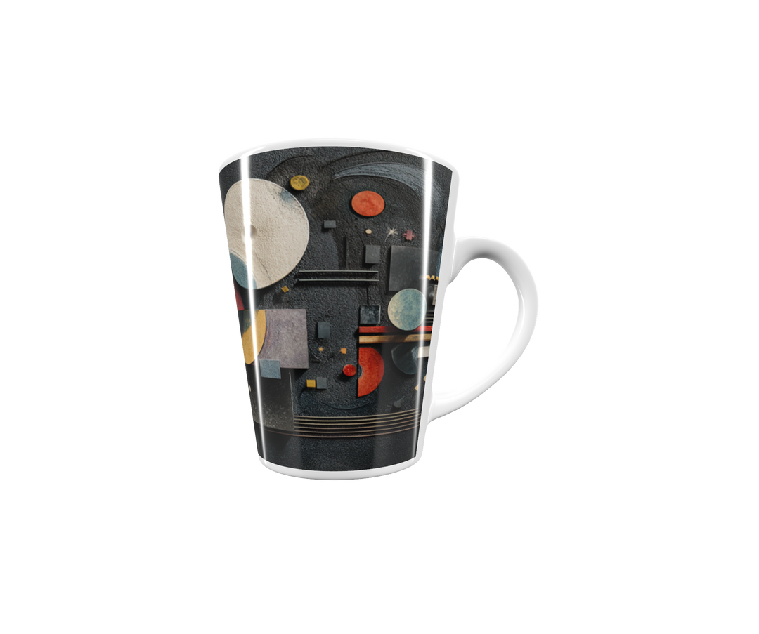 „Latte-Tasse konisch mit abstraktem Bauhaus-Motiv in Schwarz, Gold, Rot und Blau inspiriert von Kandinsky“