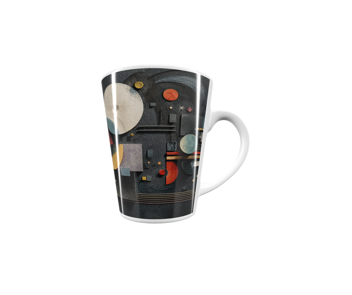 „Latte-Tasse konisch mit abstraktem Bauhaus-Motiv in Schwarz, Gold, Rot und Blau inspiriert von Kandinsky“