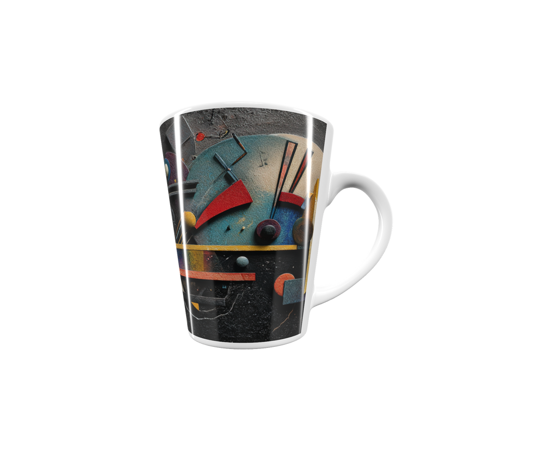 „Latte-Tasse konisch mit abstraktem Bauhaus-Motiv in Rot, Gold, Blau und Violett inspiriert von Kandinsky“