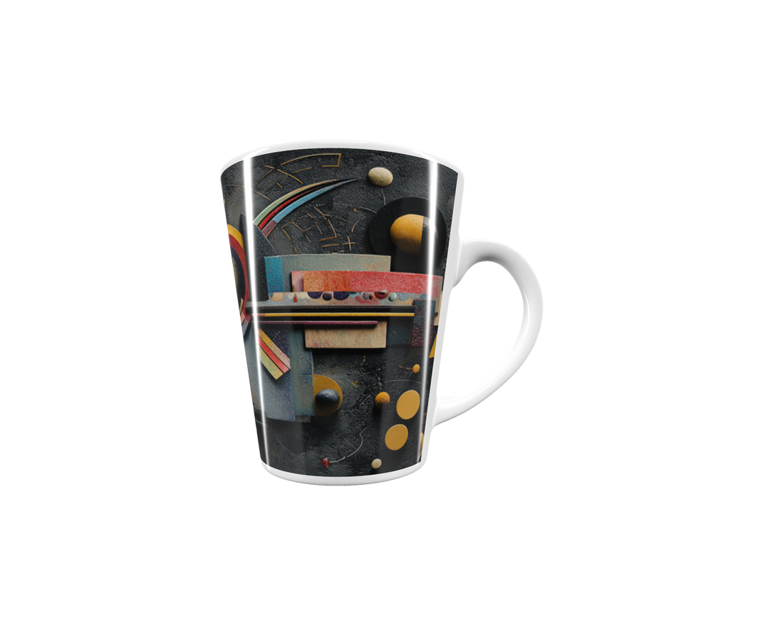 „Latte-Tasse konisch mit abstraktem Bauhaus-Motiv in Gelb, Rot, Schwarz und Blau inspiriert von Kandinsky“