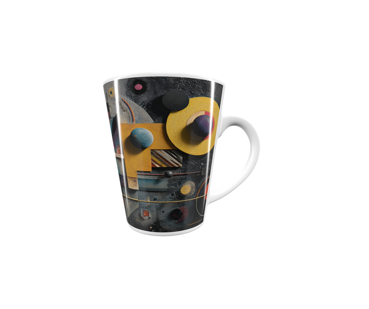 „Latte-Tasse konisch mit abstraktem Bauhaus-Motiv in Gelb, Blau, Violett und Orange inspiriert von Kandinsky“