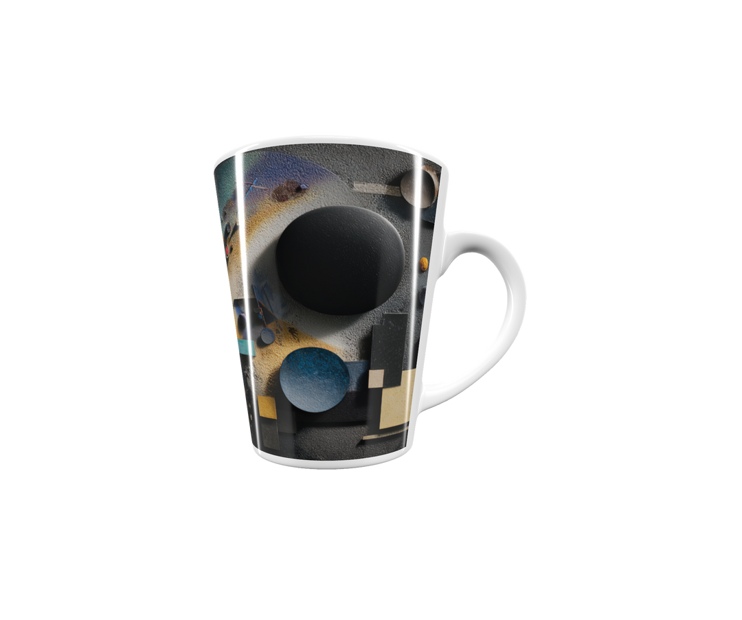 „Latte-Tasse konisch mit abstraktem Bauhaus-Motiv in Gelb, Blau, Violett und Schwarz inspiriert von Kandinsky“