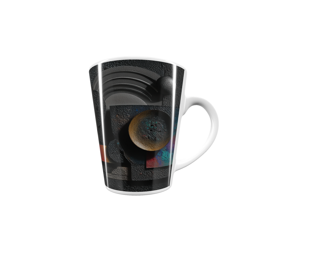„Latte-Tasse konisch mit abstraktem Bauhaus-Motiv in Schwarz und Grau mit gelben und bunten Akzenten, inspiriert von Kandinsky“
