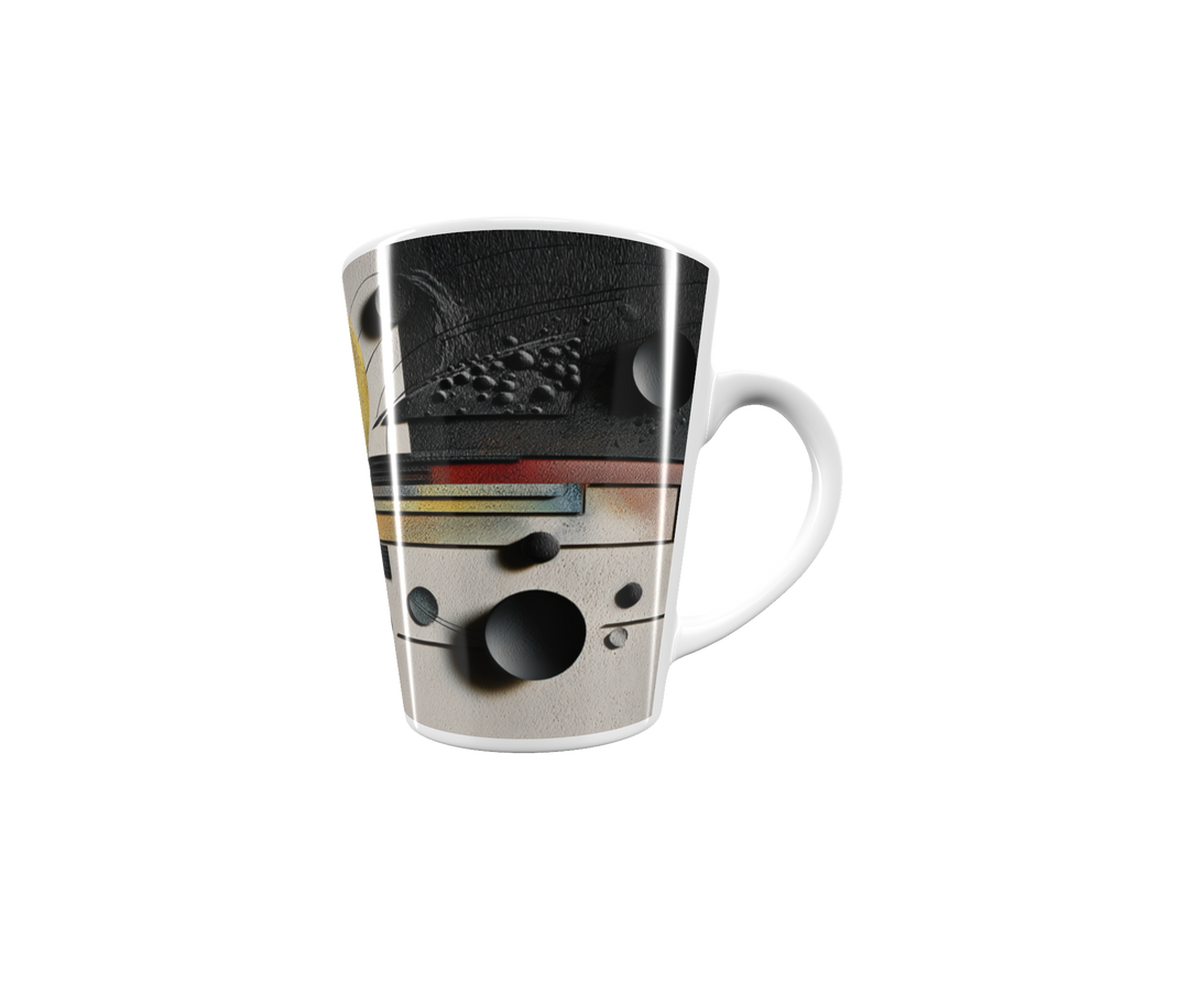 „Latte-Tasse konisch mit abstraktem Bauhaus-Motiv in Schwarz, Weiß und Gold inspiriert von Kandinsky“