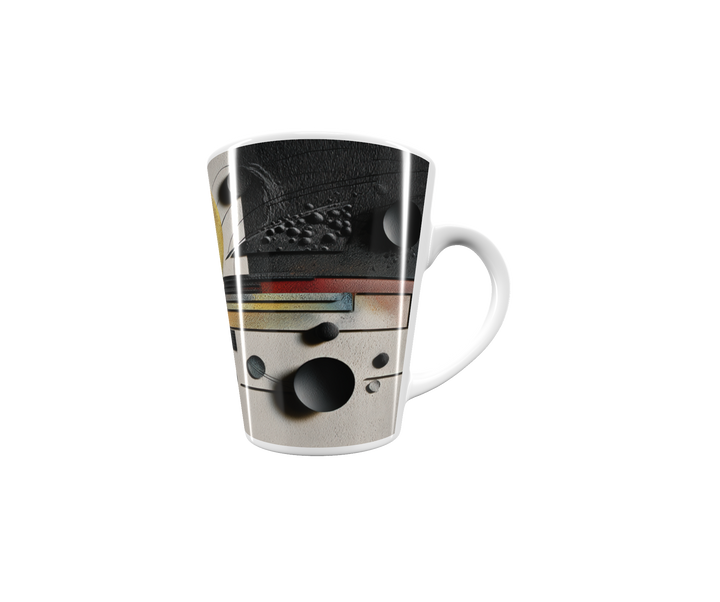 „Latte-Tasse konisch mit abstraktem Bauhaus-Motiv in Schwarz, Weiß und Gold inspiriert von Kandinsky“
