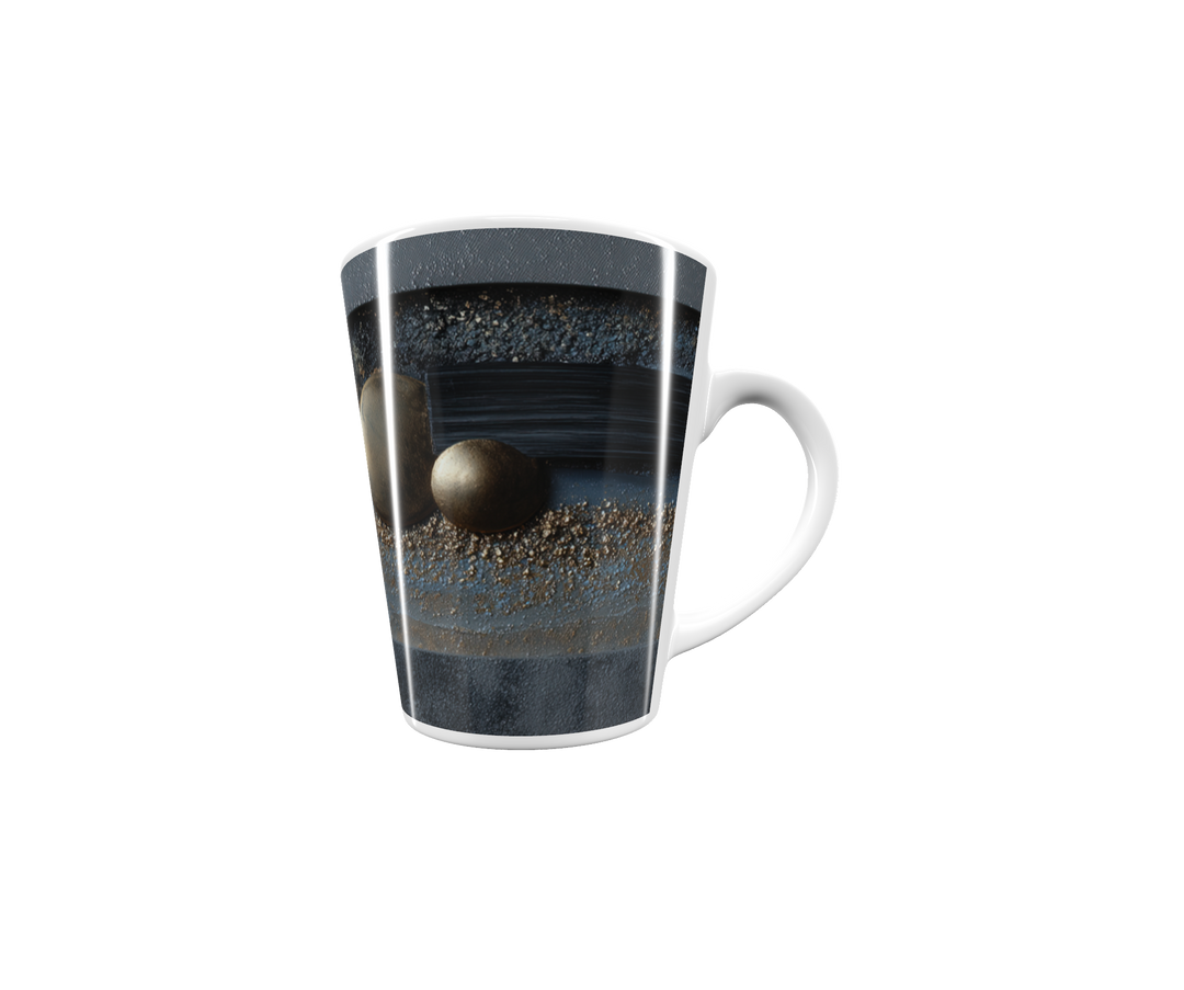 „Latte-Tasse konisch mit abstraktem Design in Blau, Schwarz und Gold, inspiriert von Bauhaus“