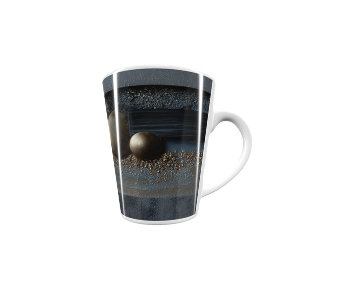 „Latte-Tasse konisch mit abstraktem Design in Blau, Schwarz und Gold, inspiriert von Bauhaus“