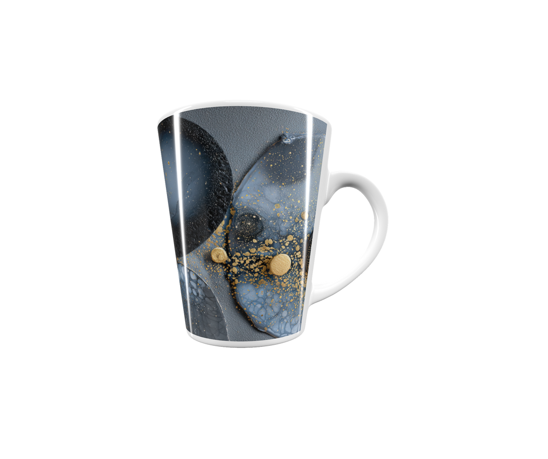 „Latte-Tasse konisch mit abstraktem Design in Schwarz, Blau und Gold mit organischen Kreisen inspiriert von Bauhaus“