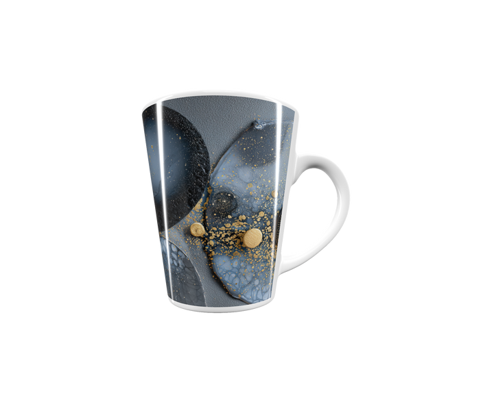 „Latte-Tasse konisch mit abstraktem Design in Schwarz, Blau und Gold mit organischen Kreisen inspiriert von Bauhaus“