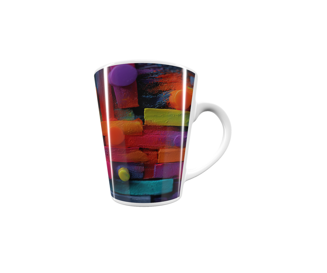„Latte-Tasse konisch mit abstraktem Neon-Motiv aus bunten Balken und Kreisen in Pink, Gelb, Orange und Blau inspiriert von Pop-Art“