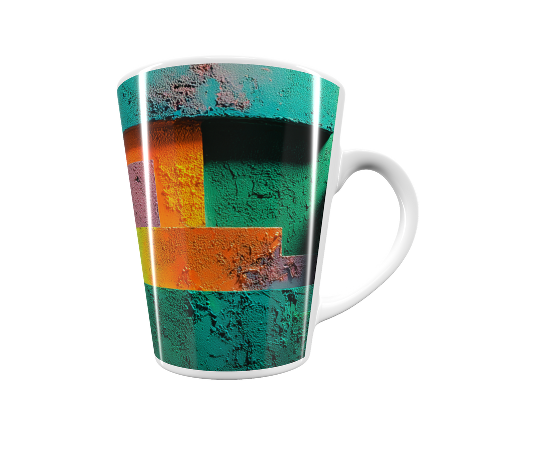 „Latte-Tasse konisch mit abstrakter Treppenstruktur und Farbflächen in Grün, Orange, Gelb und Pink inspiriert von Bauhaus“