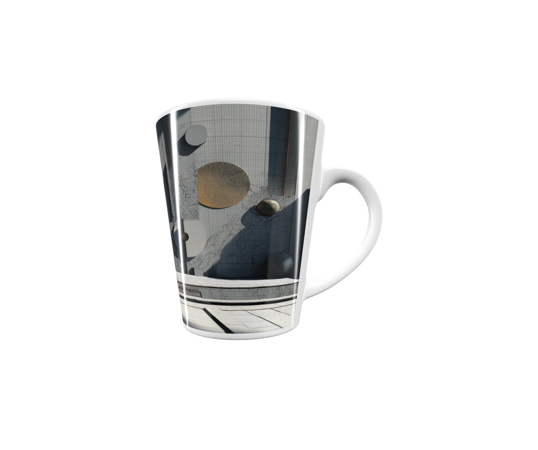 „Latte-Tasse konisch mit architektonischem Bauhaus-Motiv, unendlicher Korridor in Grau, Weiß und Gold“