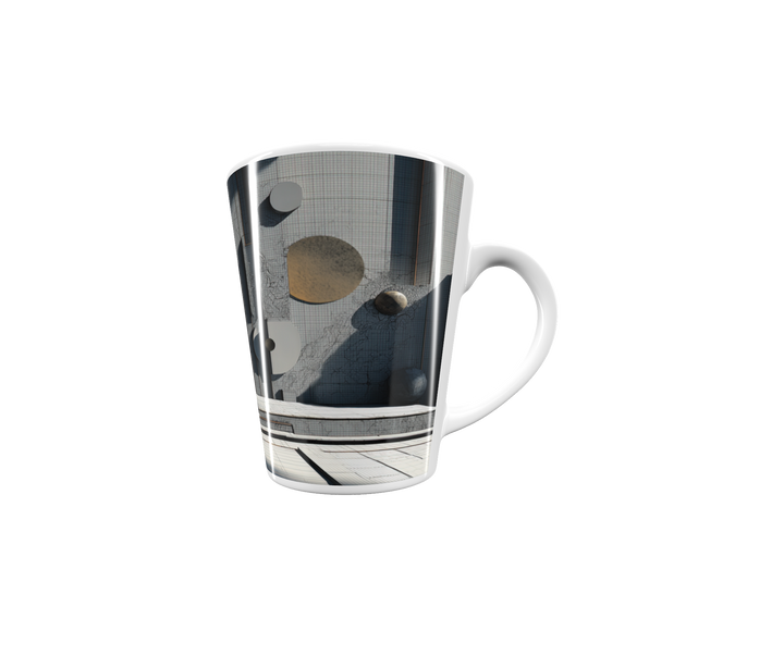 „Latte-Tasse konisch mit architektonischem Bauhaus-Motiv, unendlicher Korridor in Grau, Weiß und Gold“