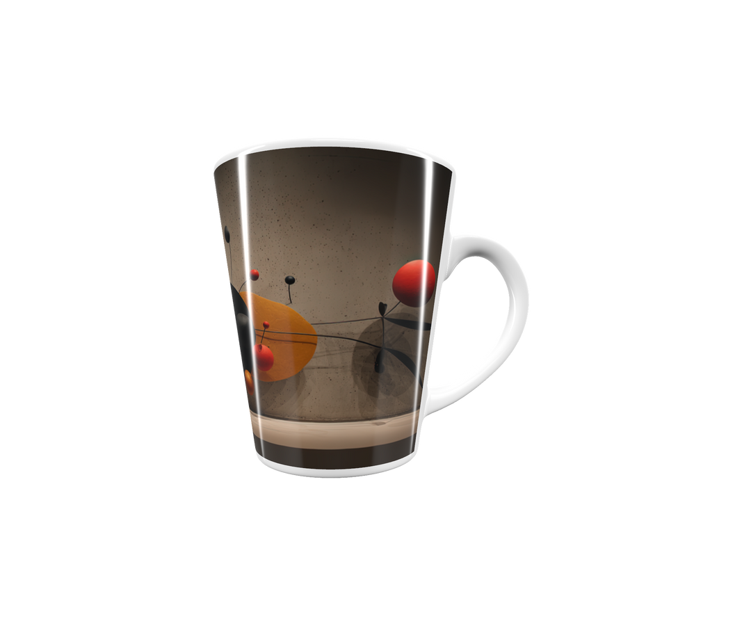 „Latte-Tasse konisch mit abstraktem Bauhaus-Motiv aus organischen Formen in Rot, Schwarz und Gold“
