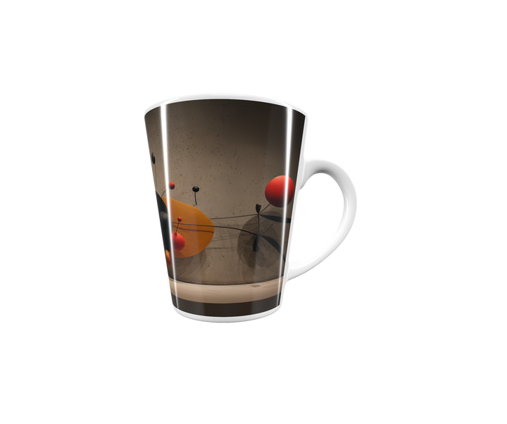 „Latte-Tasse konisch mit abstraktem Bauhaus-Motiv aus organischen Formen in Rot, Schwarz und Gold“
