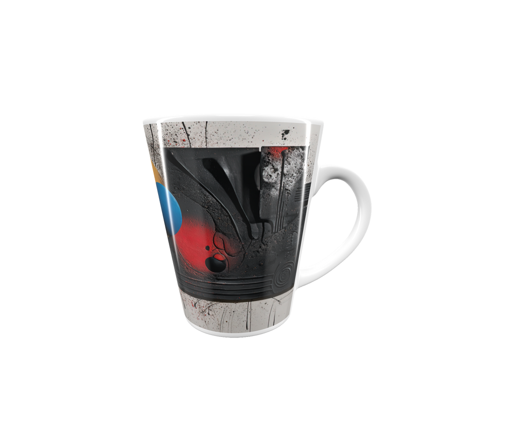 „Latte-Tasse konisch mit abstraktem Bauhaus-Motiv in Schwarz, Weiß, Blau, Gelb und Rot inspiriert von Kandinsky“
