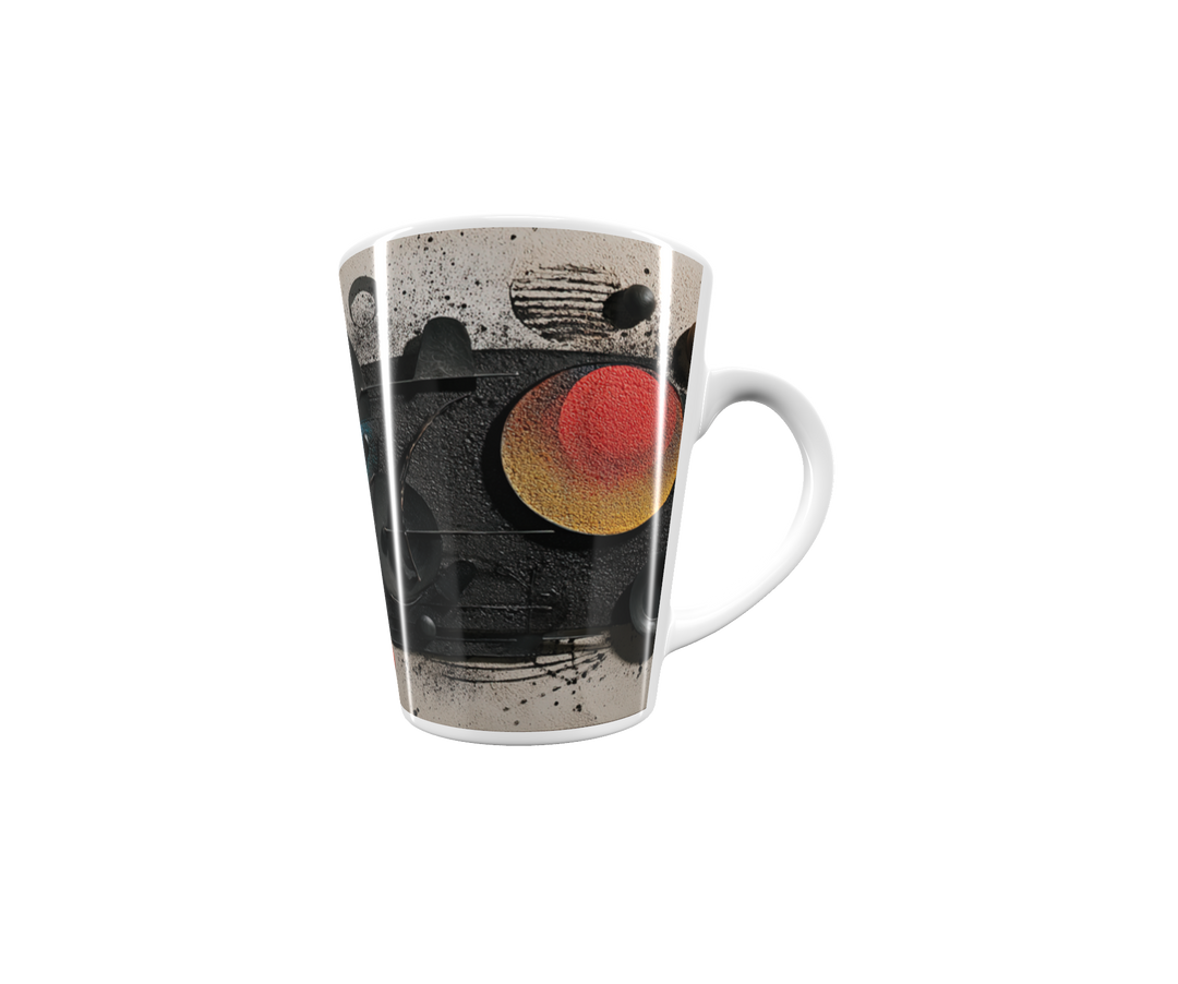 „Latte-Tasse konisch mit Bauhaus-inspiriertem Motiv aus Kreisen in Rot, Gelb, Blau und Schwarz“
