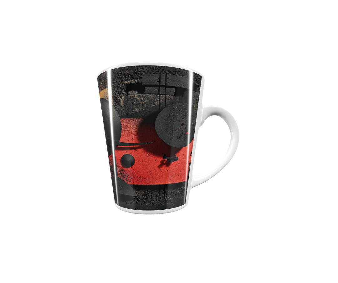„Latte-Tasse konisch mit abstraktem Bauhaus-Motiv in Rot, Blau, Gelb und Schwarz, inspiriert von Kandinsky“