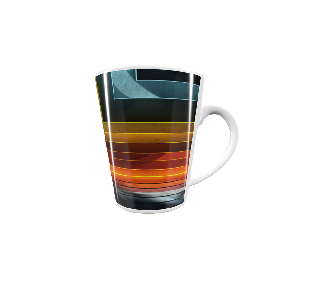 „Latte-Tasse konisch mit geometrischem Neon-Motiv in Rot, Orange, Gelb und Blau, inspiriert von Bauhaus und Lichtkunst“