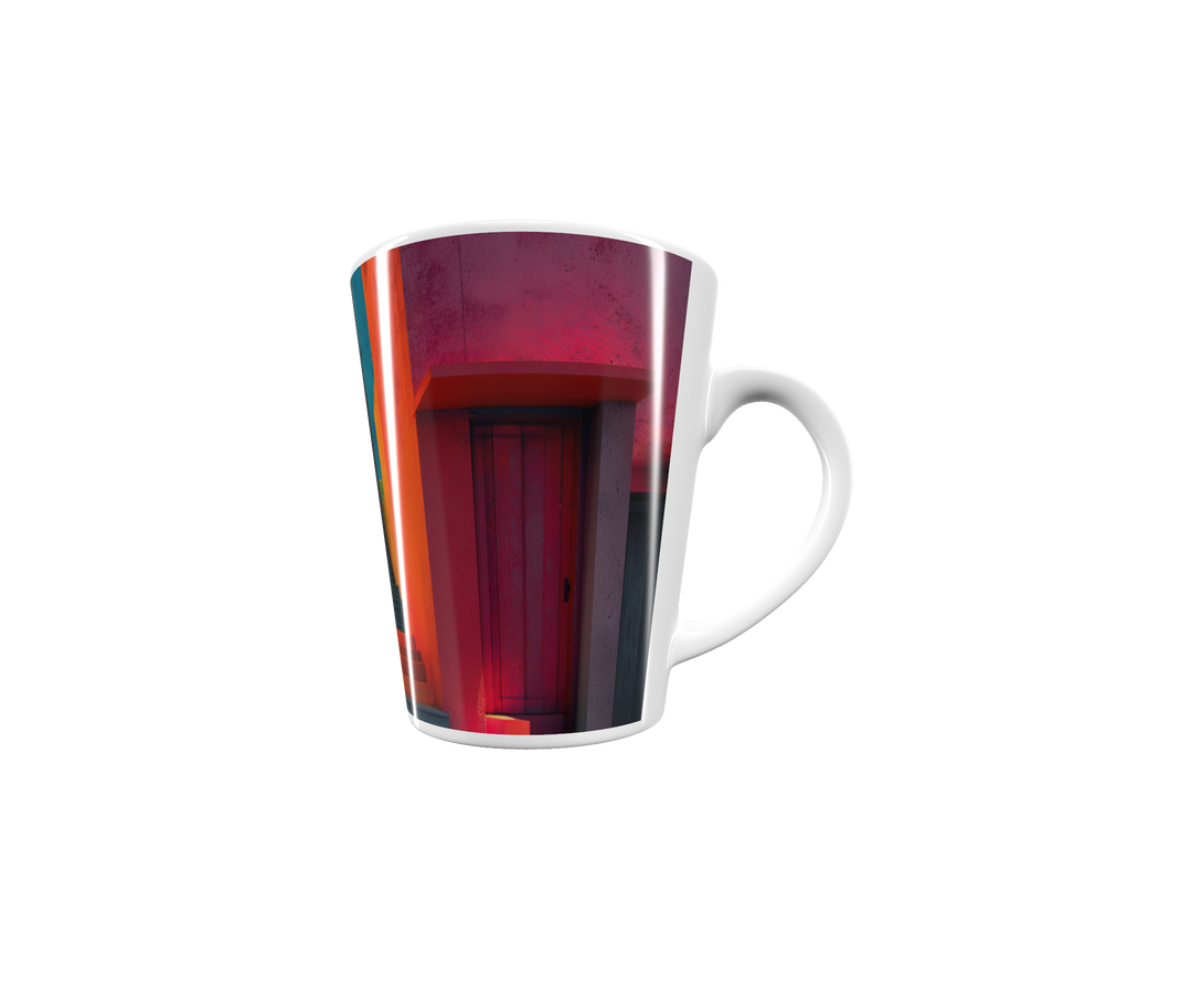 „Latte-Tasse konisch mit architektonischem Neon-Motiv, bunte Häuser und Treppen in Gelb, Orange, Blau und Pink“