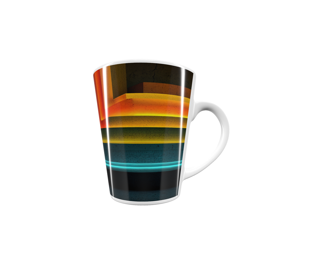 „Latte-Tasse konisch mit geometrischem Motiv und Neonlinien in Orange, Gelb, Blau und Türkis, inspiriert von Bauhaus und futuristischer Architektur“
