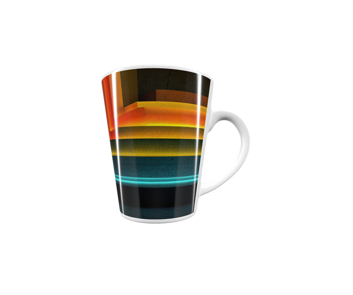 „Latte-Tasse konisch mit geometrischem Motiv und Neonlinien in Orange, Gelb, Blau und Türkis, inspiriert von Bauhaus und futuristischer Architektur“
