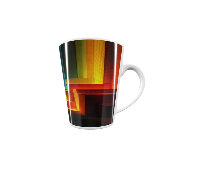 „Latte-Tasse konisch mit futuristischem Bauhaus-Motiv, geometrische Stufen in Gelb, Orange, Rot und Blau, inspiriert von Lichtkunst“