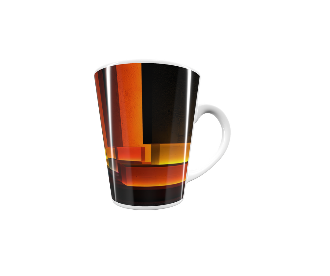 „Latte-Tasse konisch mit abstraktem Bauhaus-Motiv, geometrische Stufen in Neonfarben Blau, Gelb, Orange und Rot“