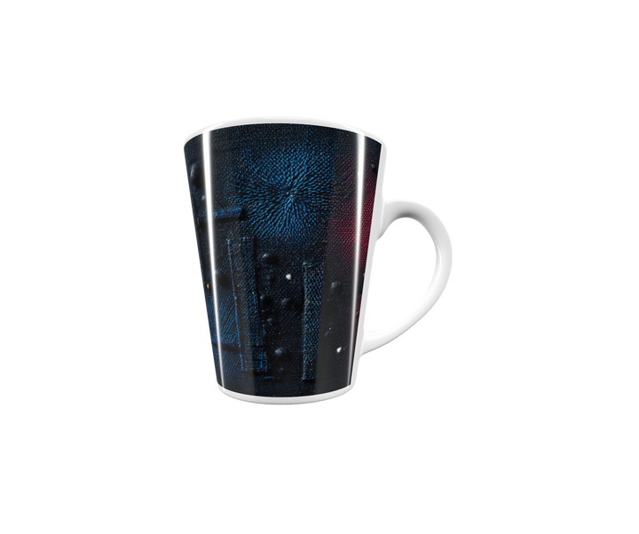 „Latte-Tasse konisch mit abstraktem Motiv in Blau mit goldenen Sternen-ähnlichen Akzenten, inspiriert vom Nachthimmel“