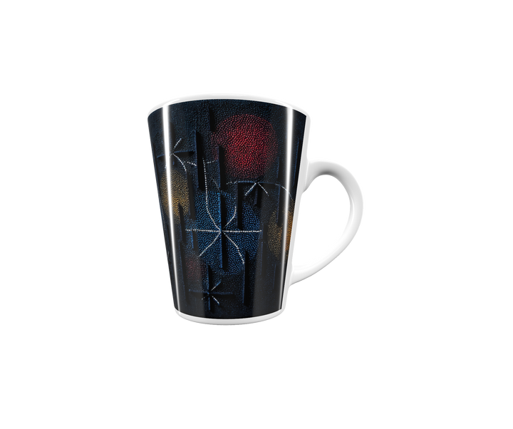 „Latte-Tasse konisch mit abstraktem Sternenmotiv in Blau, Gold, Rot und Weiß, inspiriert vom Nachthimmel“