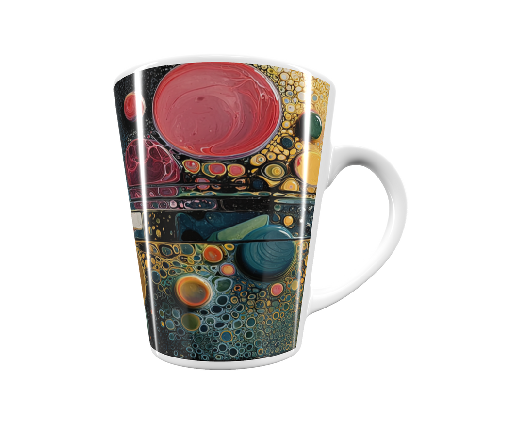 „Latte-Tasse konisch mit abstraktem Blasen-Motiv in Rot, Gelb, Pink, Grün und Blau, inspiriert von organischer Kunst“