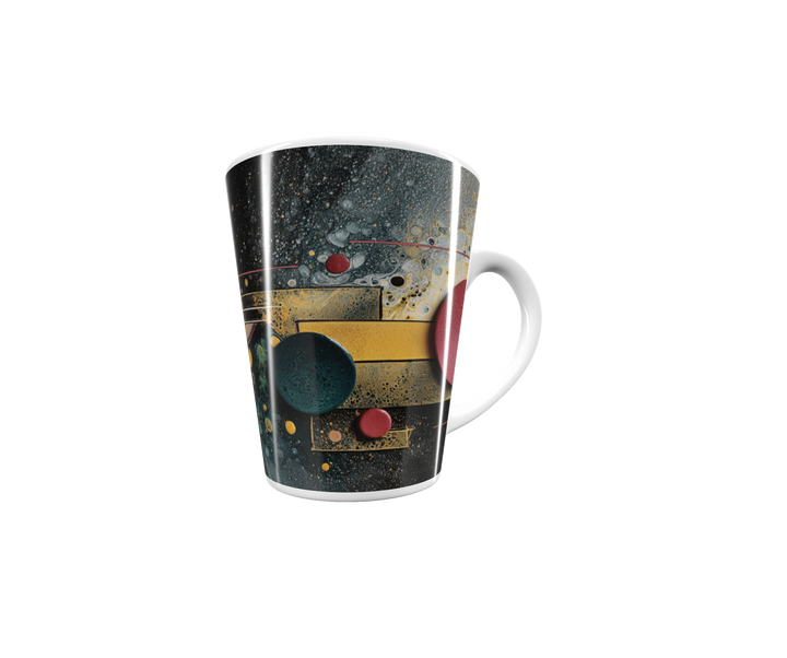 „Latte-Tasse konisch mit abstraktem Motiv aus bunten Kreisen in Rot, Gelb, Pink, Grün und Blau, inspiriert von Pop-Art und abstrakter Kunst“
