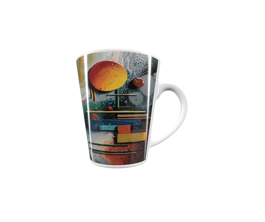 „Latte-Tasse konisch mit abstraktem kosmischen Motiv, wirbelnde Farbflächen in Gold, Grün, Blau, Rot und Gelb“