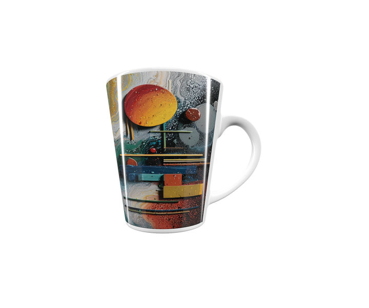 „Latte-Tasse konisch mit abstraktem kosmischen Motiv, wirbelnde Farbflächen in Gold, Grün, Blau, Rot und Gelb“
