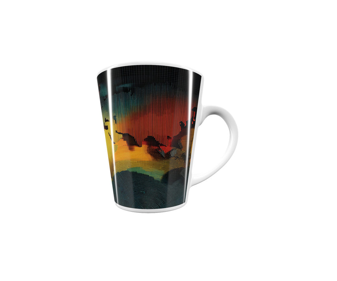 „Latte-Tasse konisch mit abstraktem Weltkarten-Motiv in Gelb, Rot, Blau und Türkis, inspiriert von geometrischer Kunst“