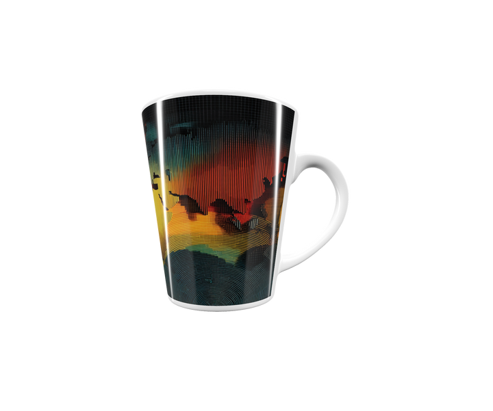 „Latte-Tasse konisch mit abstraktem Weltkarten-Motiv in Gelb, Rot, Blau und Türkis, inspiriert von geometrischer Kunst“