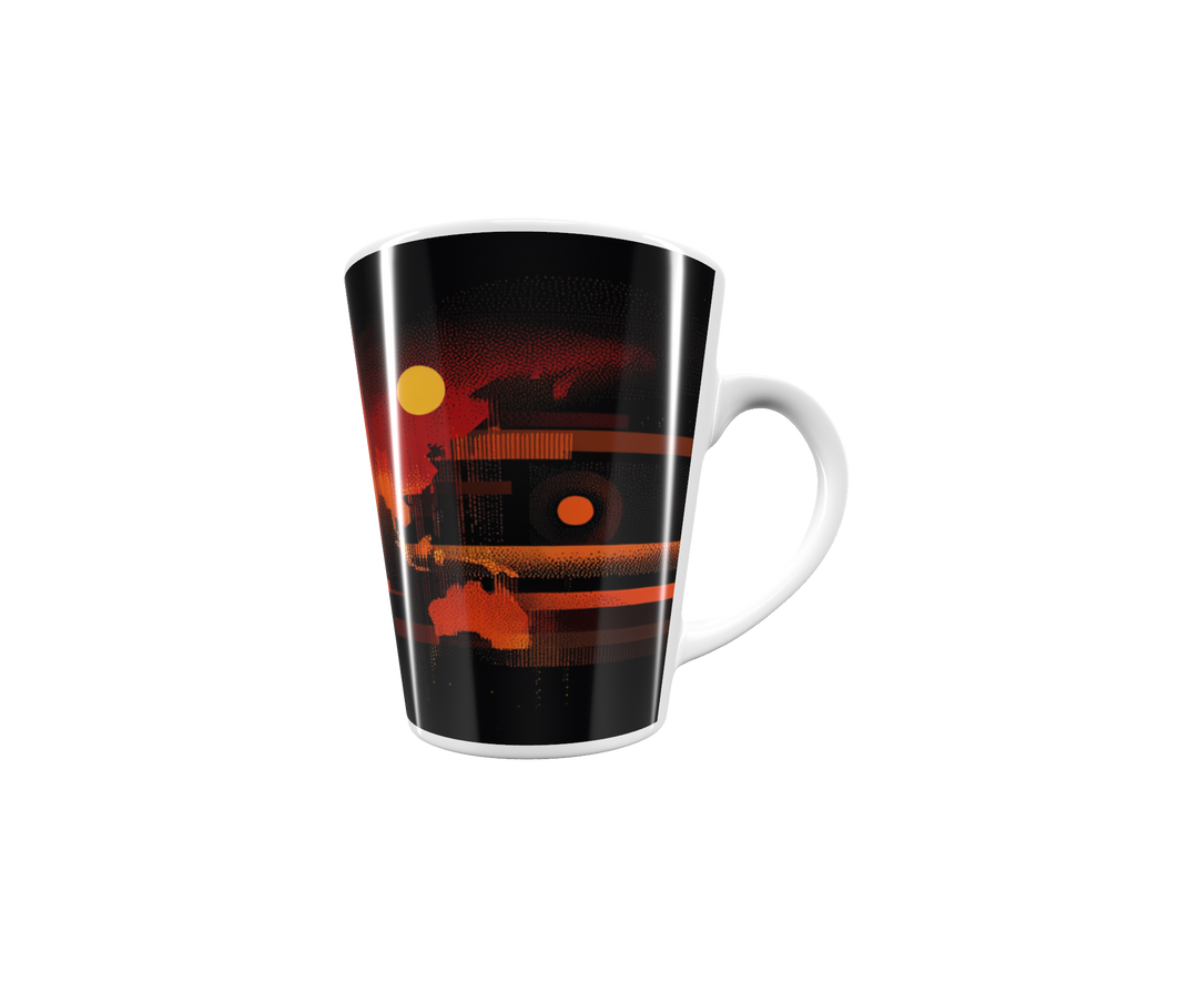 „Latte-Tasse konisch mit digital inspiriertem Weltkarten-Motiv in Gelb, Orange, Rot und Blau“