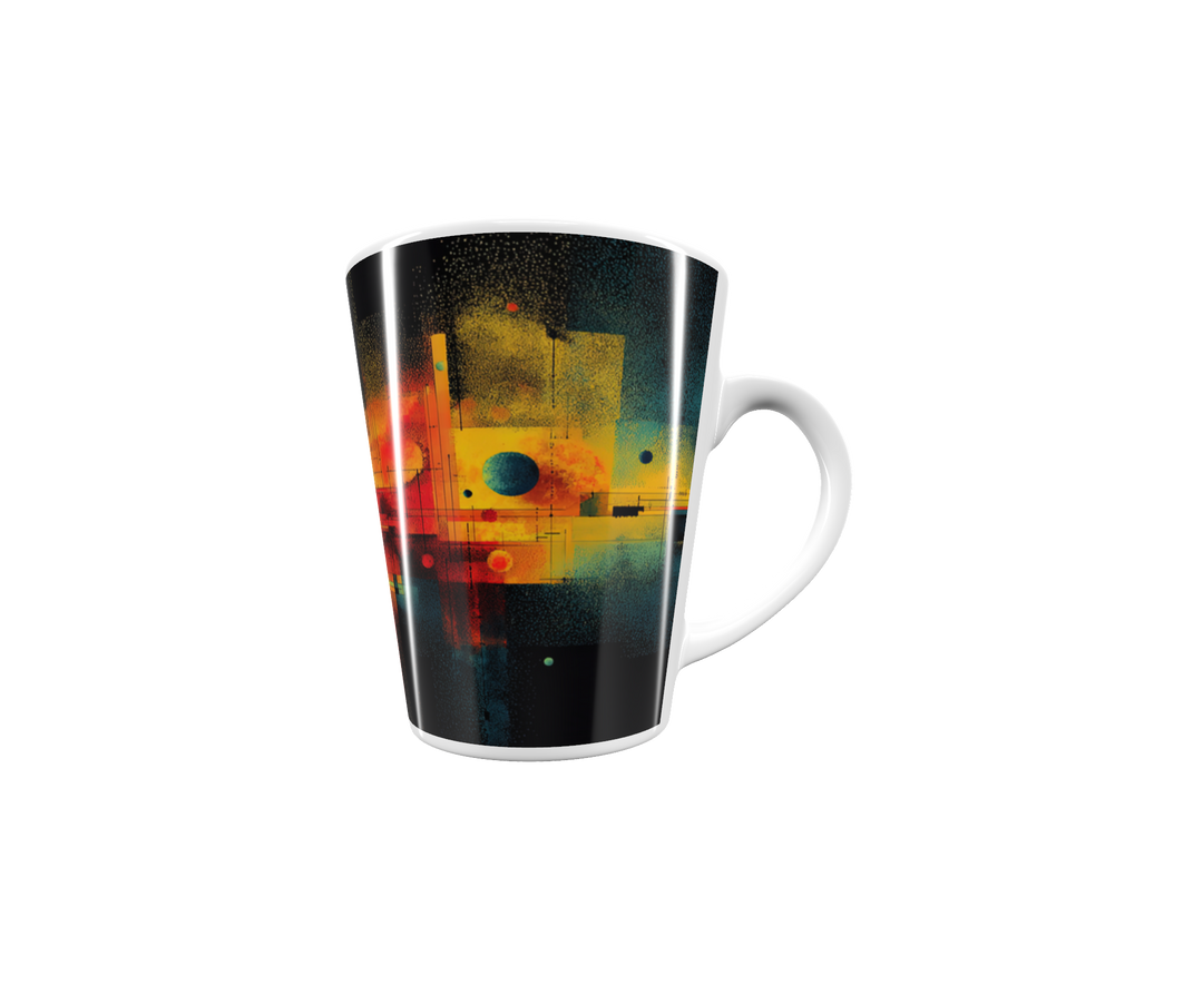 „Latte-Tasse konisch mit abstraktem kosmischen Motiv in Blau, Gelb und Rot, inspiriert von Sternen und Galaxien“