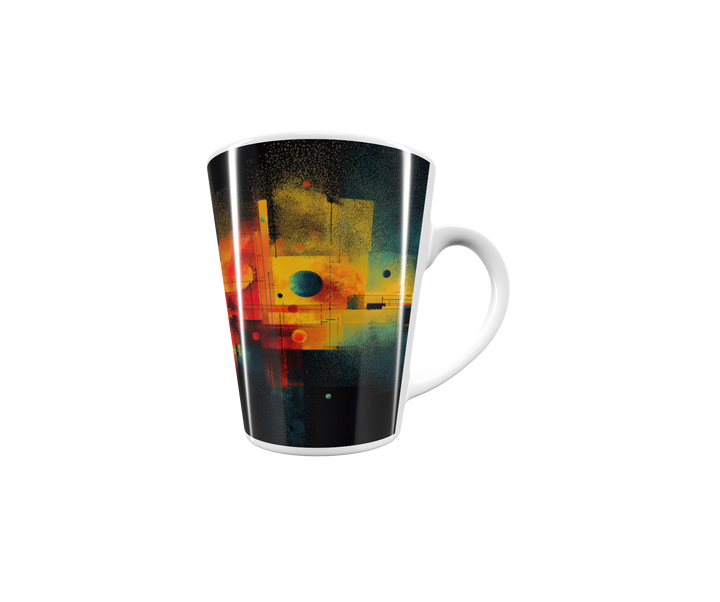 „Latte-Tasse konisch mit abstraktem kosmischen Motiv in Blau, Gelb und Rot, inspiriert von Sternen und Galaxien“