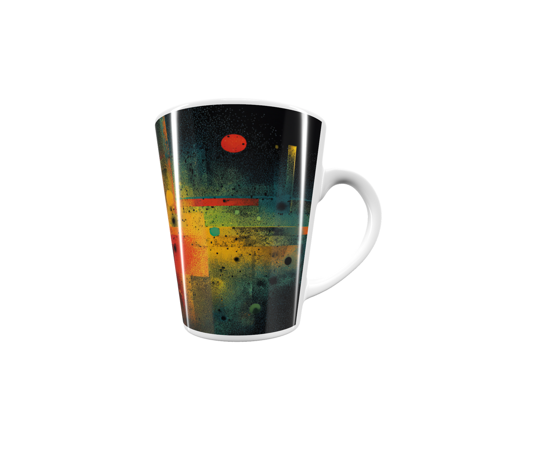 „Latte-Tasse konisch mit abstraktem Motiv in Gelb, Rot, Türkis und Schwarz, inspiriert von urbaner und kosmischer Energie“