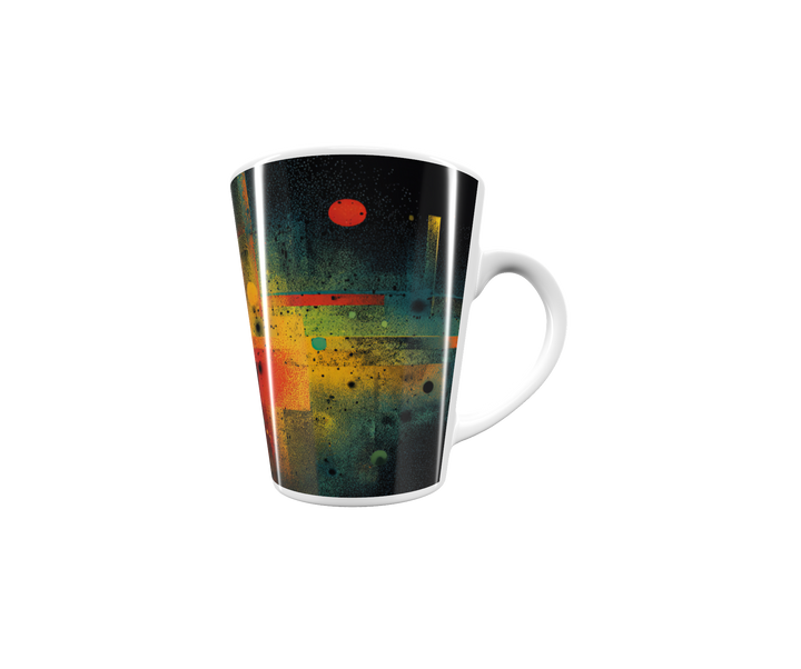 „Latte-Tasse konisch mit abstraktem Motiv in Gelb, Rot, Türkis und Schwarz, inspiriert von urbaner und kosmischer Energie“