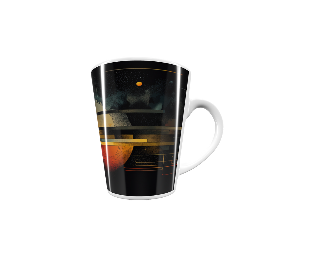 „Latte-Tasse konisch mit abstraktem Motiv aus Skyline- und Kosmosformen in Gelb, Rot und Schwarz“
