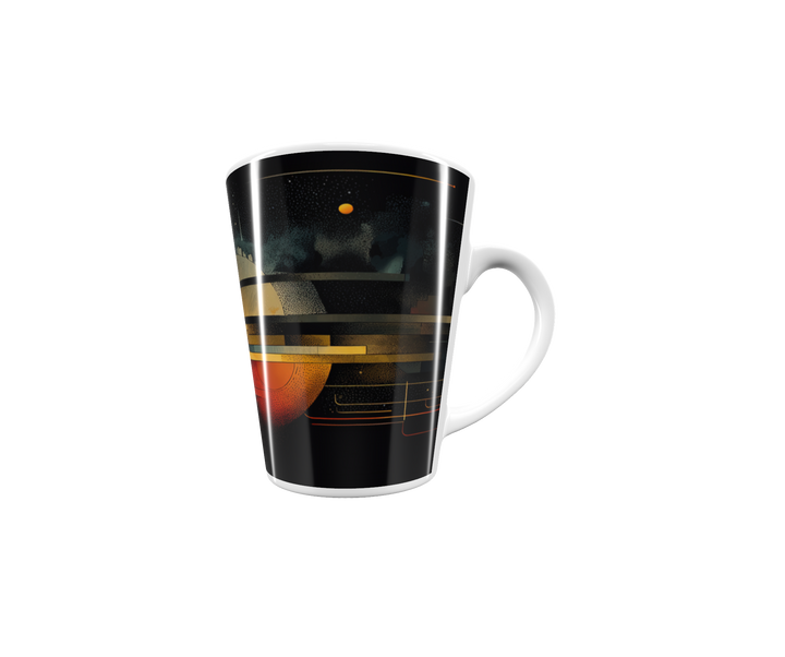 „Latte-Tasse konisch mit abstraktem Motiv aus Skyline- und Kosmosformen in Gelb, Rot und Schwarz“
