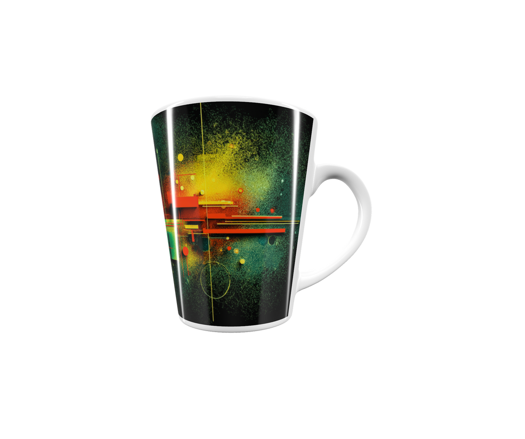 „Latte-Tasse konisch mit abstraktem Motiv in Grün, Gelb und Rot, inspiriert von Neonfarben und geometrischen Strukturen“