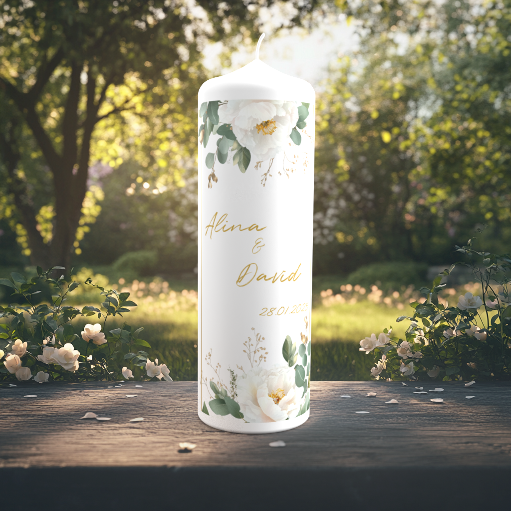 Eine zart gestaltete Hochzeitskerze steht auf einem Holztisch im Sonnenlicht eines romantischen Gartens mit weißen Blüten im Hintergrund. Die Kerze ist mit eleganten weißen Pfingstrosen, Eukalyptusblättern und dezenten goldenen Details verziert. In der Mitte stehen die Namen „Alina & David“ in goldfarbener Schreibschrift sowie das Hochzeitsdatum „28.01.2025“. Das Design wirkt ruhig, edel und zeitlos.