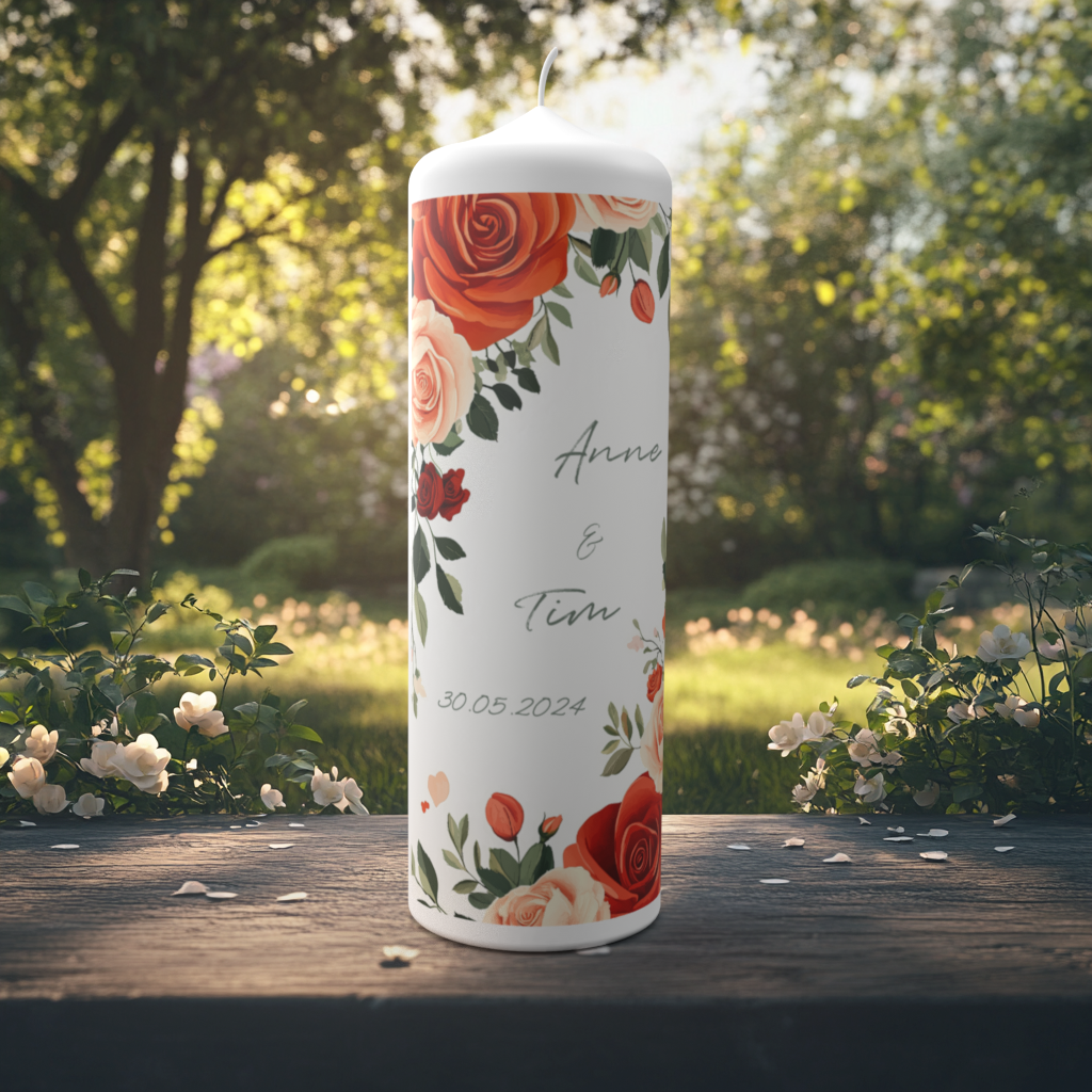 Eine stilvoll dekorierte Hochzeitskerze steht auf einem Holztisch in einem sonnigen Garten mit weißen Rosensträuchern im Hintergrund. Die Kerze ist rundum mit floralen Motiven in warmen Tönen geschmückt – darunter rote, orangefarbene und cremeweiße Rosen. In der Mitte stehen die Namen „Anne & Tim“ in eleganter Schreibschrift sowie das Hochzeitsdatum „30.05.2024“.